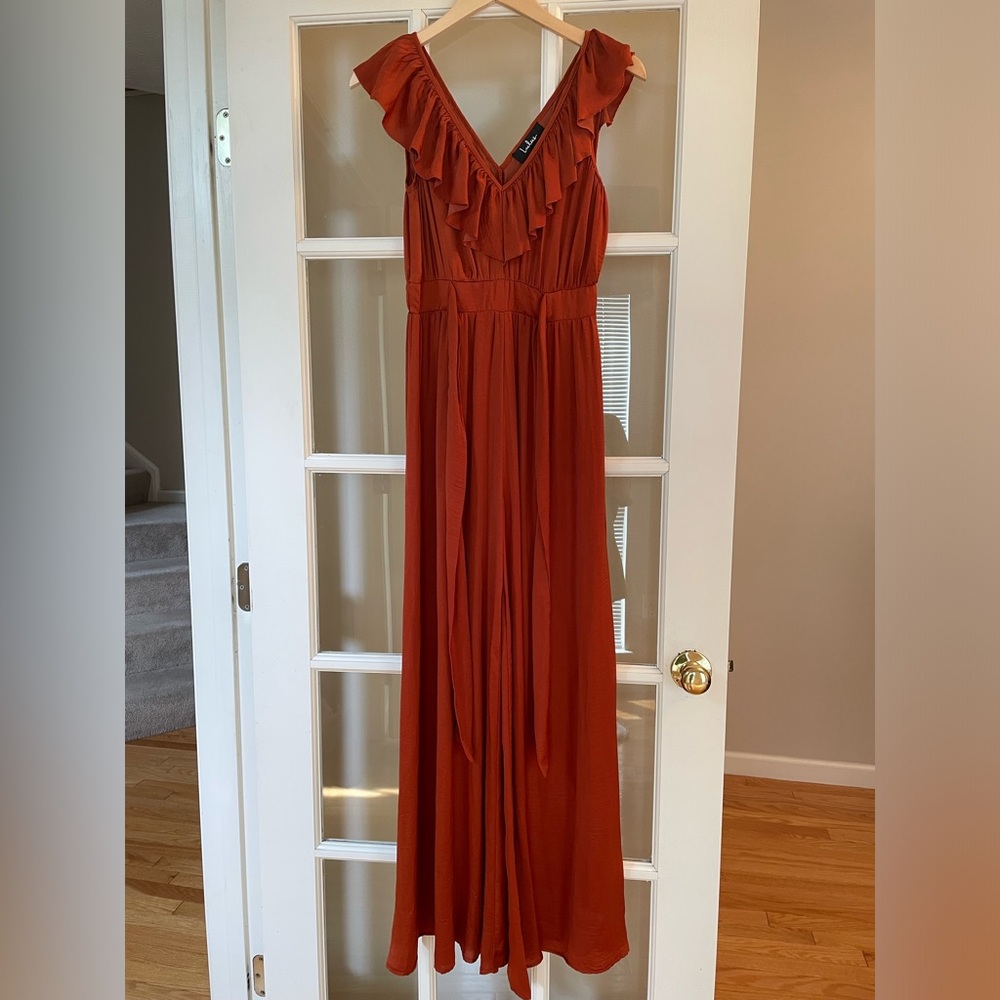 Lulu’s Rust Orange Satin Wide-leg Jumpsuit